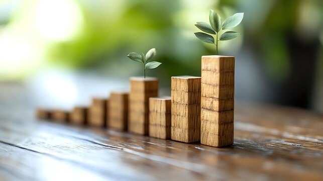 Growing plants on wooden blocks arranged as ascending bar graph, symbolizing sustainable business growth and environmental investment.