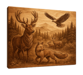 Hand-etched wooden panel showcasing wildlife, perfect for a nature lover's reading space.