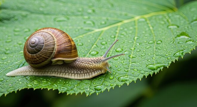 Close-up of a snail with a brown shell crawling on a green leaf covered in water droplets after rain.