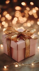 Elegant pink gift box with shimmering gold ribbon against warm bokeh lights background for holiday celebrations and special occasions.