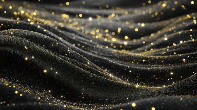 Elegant black fabric smoothly draped with shimmering golden particles creating a luxurious and captivating background for design projects - Powered by Adobe