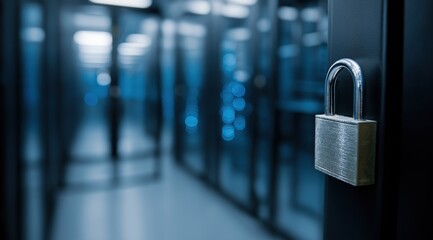 Cyber security padlock on server door with colorful bokeh lights