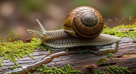 Close-up of a snail with a spiral shell crawling on a moss-covered log in a forest.