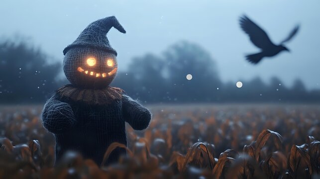 Glowing jack-o'-lantern scarecrow with witch hat in misty cornfield at dusk, with crow silhouette flying in background during autumn harvest season.