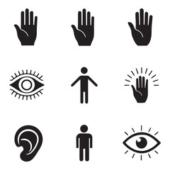 Human Body Senses and Hand Gestures Icons, Touch, Sight, Hearing Vector black colour vector design and white background (2).eps