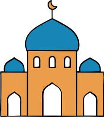 Stylized islamic mosque with blue domes and orange walls featuring arched entrances and small windows isolated on transparent background