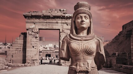 Sumerian goddess Inanna Ishtar divine queen of heaven fertility love standing before grand Anunnaki temple Mesopotamian architecture detailed ancient structure spiritual art 2D cartoon illustration