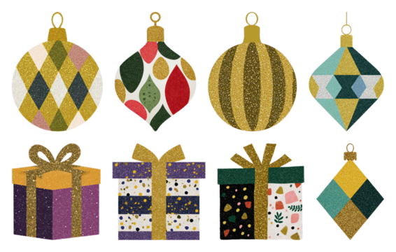PNG Colorful festive ornaments and gifts, element set on transparent background