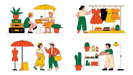 Scenes of Outdoor Markets and Shopping Interactions retail outdoors