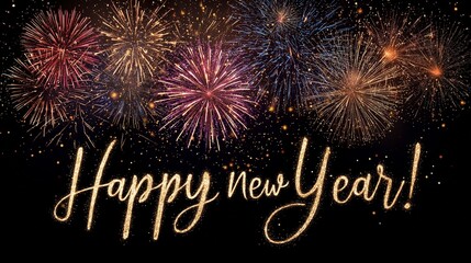 A festive horizontal banner with the elegant, sparkling text Happy New Year! written in a golden, glittery, cursive font on the right side.