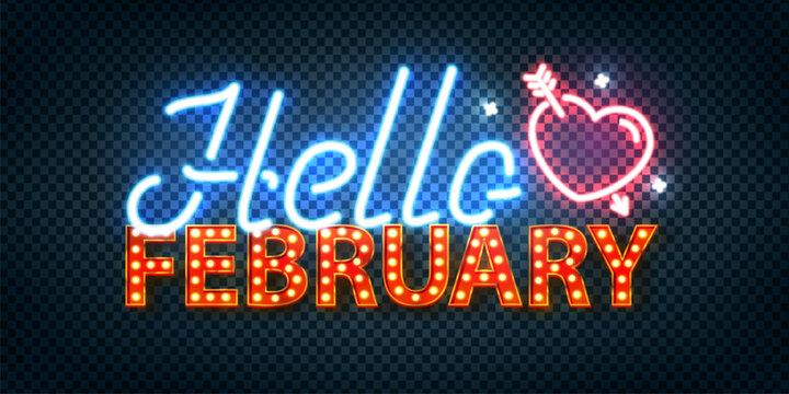 Vector neon sign of Hello February isolated on the transparent background.