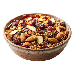 Healthy granola bowl filled with nuts and dried fruits on a wooden table in a bright kitchen setting on transparent background