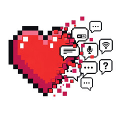 Obraz premium Pixelated Red Heart Deconstructing into Digital Communication Icons and Chat Bubbles graphic