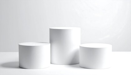 Three white cylindrical pedestals against a soft white backdrop, perfect for product presentation or minimalist display