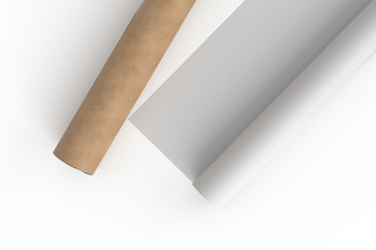 3D Realistic cardboard tube mockup with cap and rolled white poster inside, isolated. Blank kraft paper tube for showcasing artwork, poster, shipping posters, artwork, documents or parcel packaging