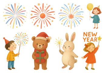 Fototapeta premium PNG Festive characters celebrate New Year, element set on transparent background