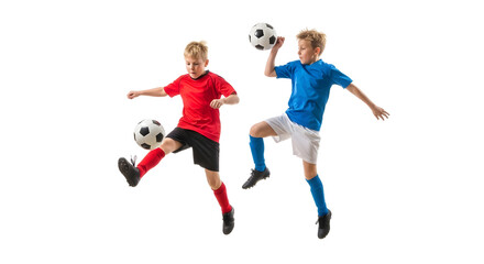 Two young boys playing soccer and kicking balls isolated on transparent background