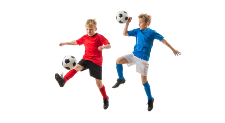 Two young boys playing soccer and kicking balls isolated on transparent background