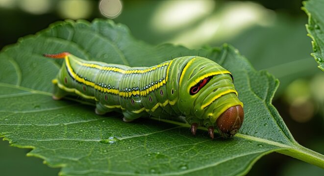 Close-up of a vibrant green caterpillar with yellow stripes resting on a large leaf in a garden.