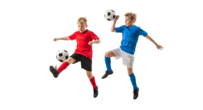 Two young boys playing soccer and kicking balls isolated on transparent background - Powered by Adobe
