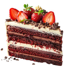 Delicious red velvet cake slice with chocolate and fresh strawberries at a dessert table on transparent background