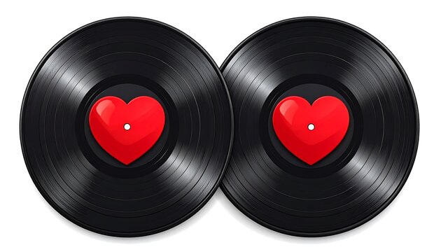 Two black vinyl records paired to resemble infinity with red hearts in the center. A romantic music-themed vector
