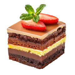 Delicious layered chocolate dessert with strawberries and mint, perfect for a sweet treat on transparent background