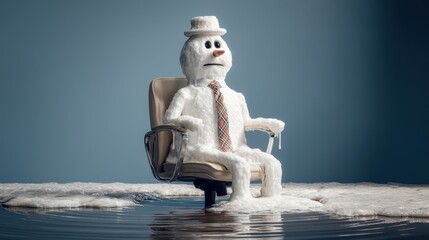 Snowman sitting on office chair with hat and tie, partly melting in water, evokes climate change. It has a curious expression with water dripping from its arm and surrounding