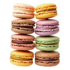 Colorful assortment of macarons stacked on top of each other in a beautiful arrangement on transparent background