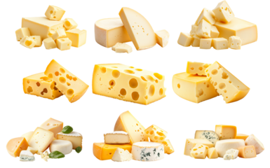 Set of cheeses, including Swiss and Brie, arranged on plate isolated on white background, representing dairy food.