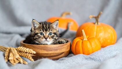 Adorable kitten nestled in a wooden bowl with pumpkins.