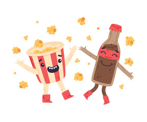 Funny Popcorn Character with Coke Bottle with Smiling Face Vector Illustration