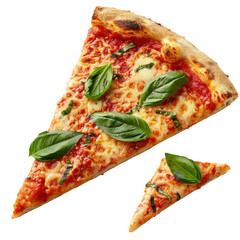 Delicious slice of margherita pizza topped with fresh basil leaves on a white background on transparent background