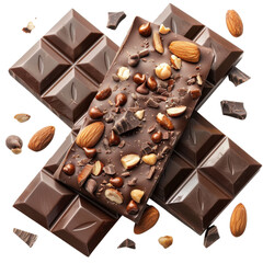 Chocolate bars topped with nuts and cocoa pieces arranged on a white surface on transparent background