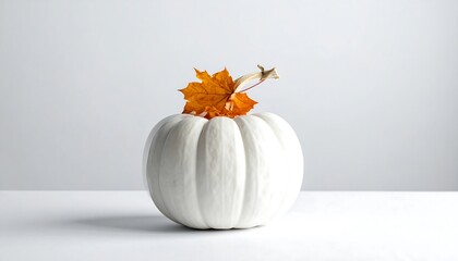 Elegant White Pumpkin with Autumn Leaf Decoration on White Background.