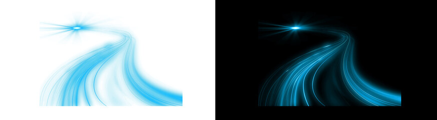 Blue light trail effect. Abstract car light streaks or fiber optic path. Glowing motion blur with lens flare. Isolated transparent PNG. © towsif