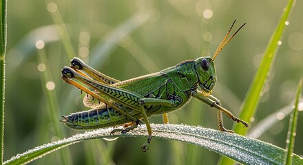 Close-up of a vibrant green grasshopper perched on a dew-kissed blade of grass in a sunny meadow.