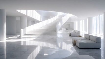 Fototapeta premium Modern and Elegant White Interior Design with Open Space, Curved Staircase, Abundant Natural Light, and Minimalist Furniture Arrangement