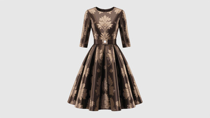 Vintage- Inspired Brown Brocade Dress with Belt and Three- Quarter Sleeves beige