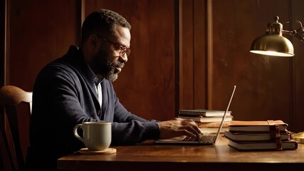 Man typing laptop at desk focused on work and business tasks. Remote technology tools visible with book and coffee on table. Warm lamp light creates calm study mood. Great focus and productivity.
