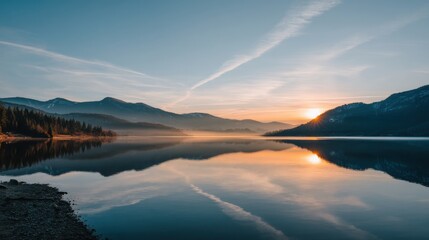 Fototapeta premium Serene Landscape at Sunset Reflecting on Still Waters Surrounded by Majestic Mountains and Lush Forests in a Tranquil Natural Setting