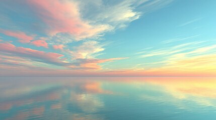 Fototapeta premium Serene Sunset Over Calm Water with Reflections and Vast Skies in Soft Pastel Colors Illuminating the Tranquil Scene at Twilight