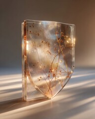 Translucent shield sculpture with delicate floral patterns illuminated by soft light.