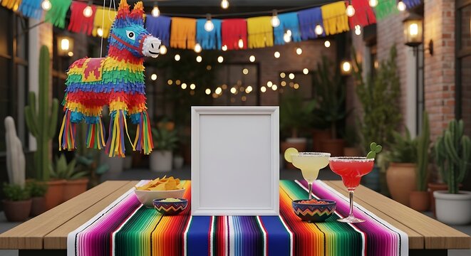 White vertical frame mockup sits on a vibrant serape table runner amidst a lively outdoor patio scene with a colorful piñata, string lights, margaritas, and snacks, perfect for celebratory designs.