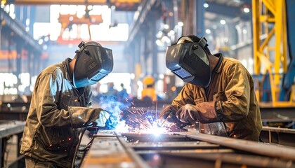 Two factory workers wearing protective helmets and gear, welding metal with sparks flying. Workshop interior