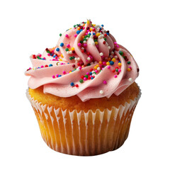 Delicious vanilla cupcake topped with pink frosting and colorful sprinkles perfect for a birthday party or celebration on transparent background