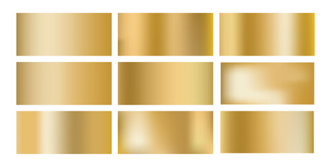 Gold brass gradients set, vector golden background. Metal gradation, horizontal illustration. Shiny chrome texture, steel surface, polished sheet