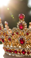 Obraz premium Golden Crown Adorned with Red Rubies and Sparkling Diamonds, Symbolizing Royalty and Power.