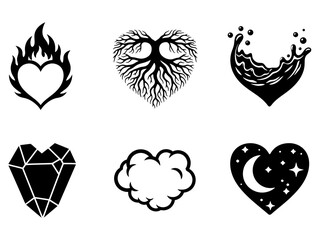 Collection of diverse symbolic heart icons, featuring nature, elements, and abstract concepts for modern design aesthetics