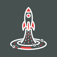 Stylized red and white rocket ship launching with smoke and orbits on dark gray background spaceship